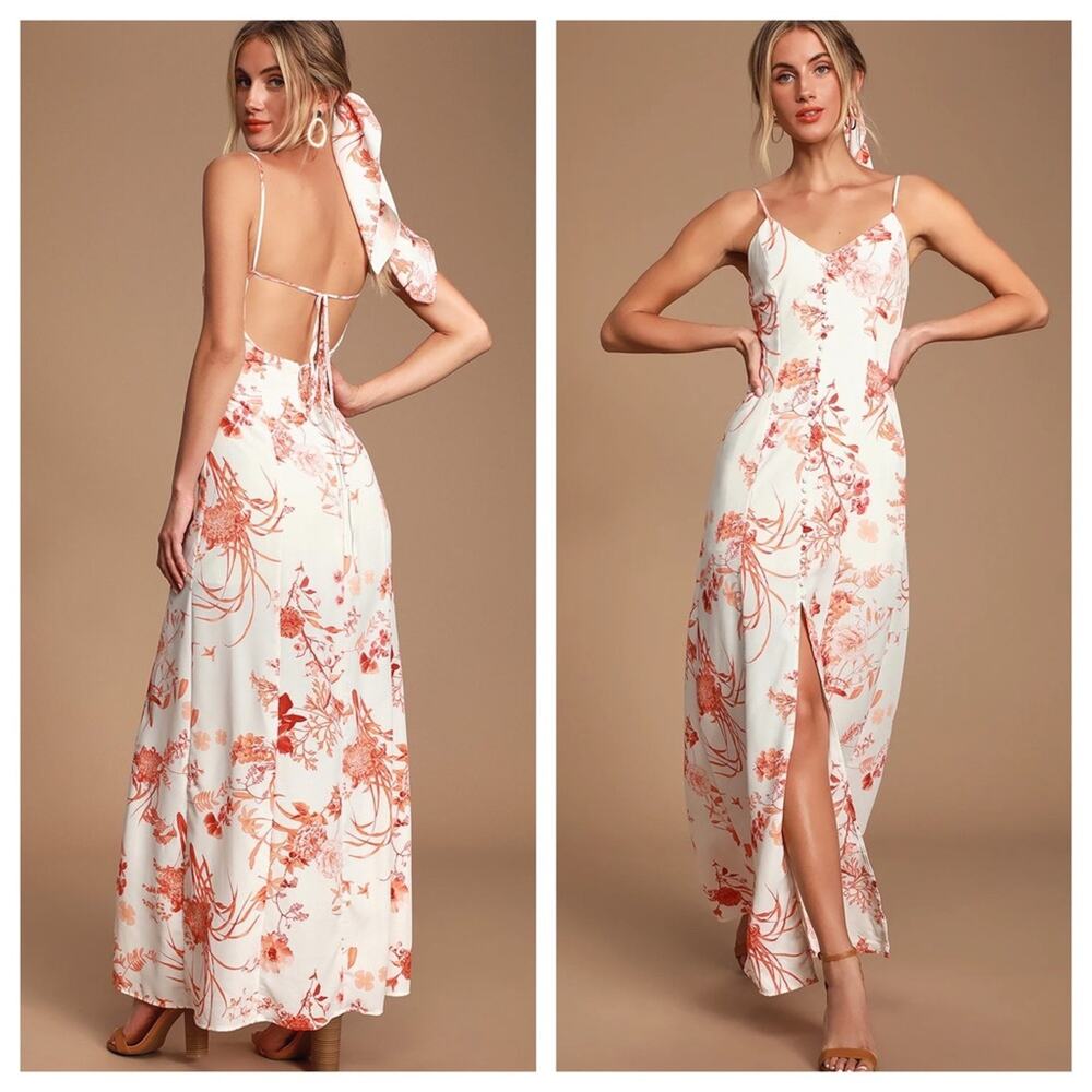 NWT Lulus Crista Rust Orange & White Print Button Front Maxi Dress Open Back S